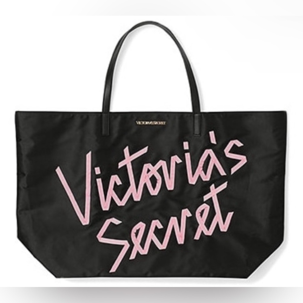 Victoria's Secret Black "Ribbon Logo" Large Tote Bag